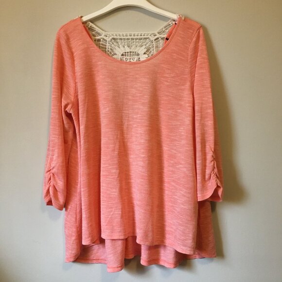 Pastelcore Coral Heathered Back Crochet Lace Long Sleeve A-Line Top - Picture 3 of 10